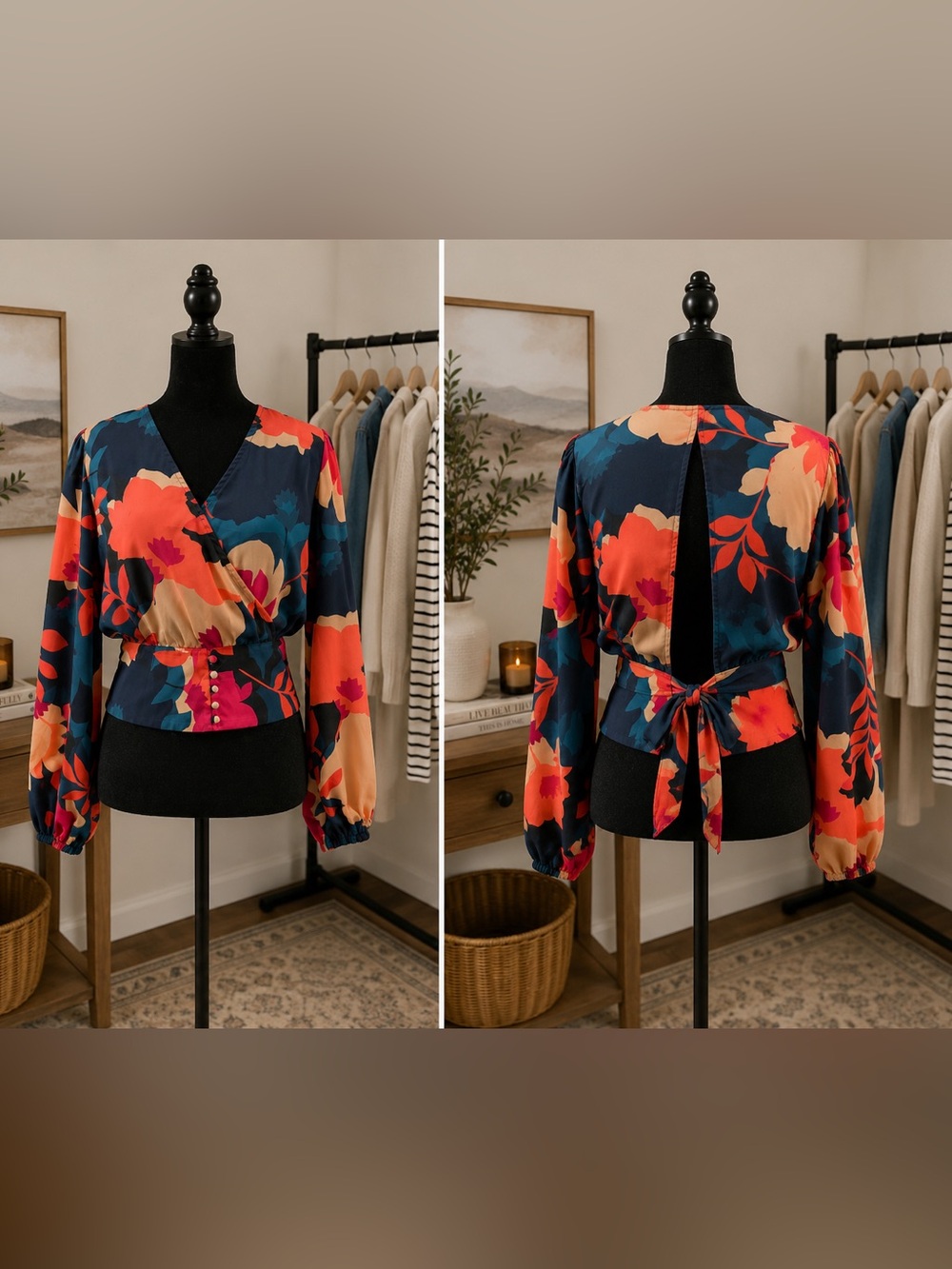 Floral Surplice Tie-Front Women’s Top - Navy & Coral